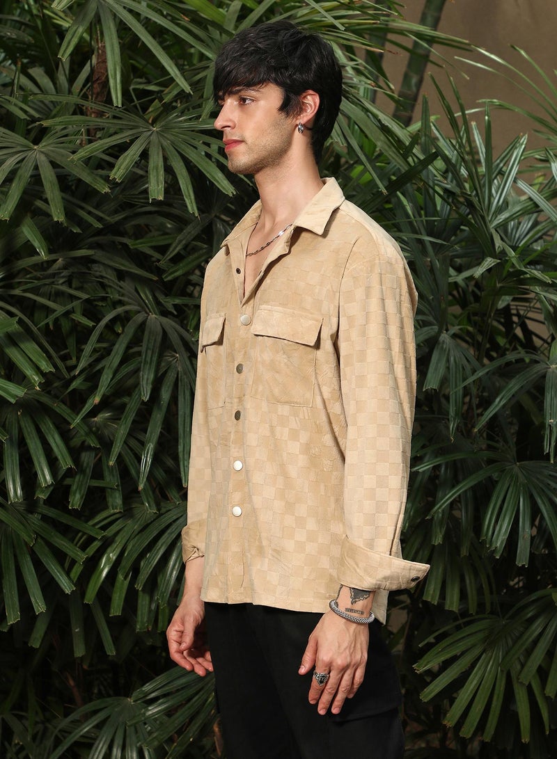 Campus Sutra Campus Sutra Men's Buff Beige Cubic Velvet Utility Shacket For Casual Wear | Spread Collar | Long Sleeve | Button Closure | Overshirt/Shacket Crafted With Comfort Fit For Everyday Wear  - Image 2