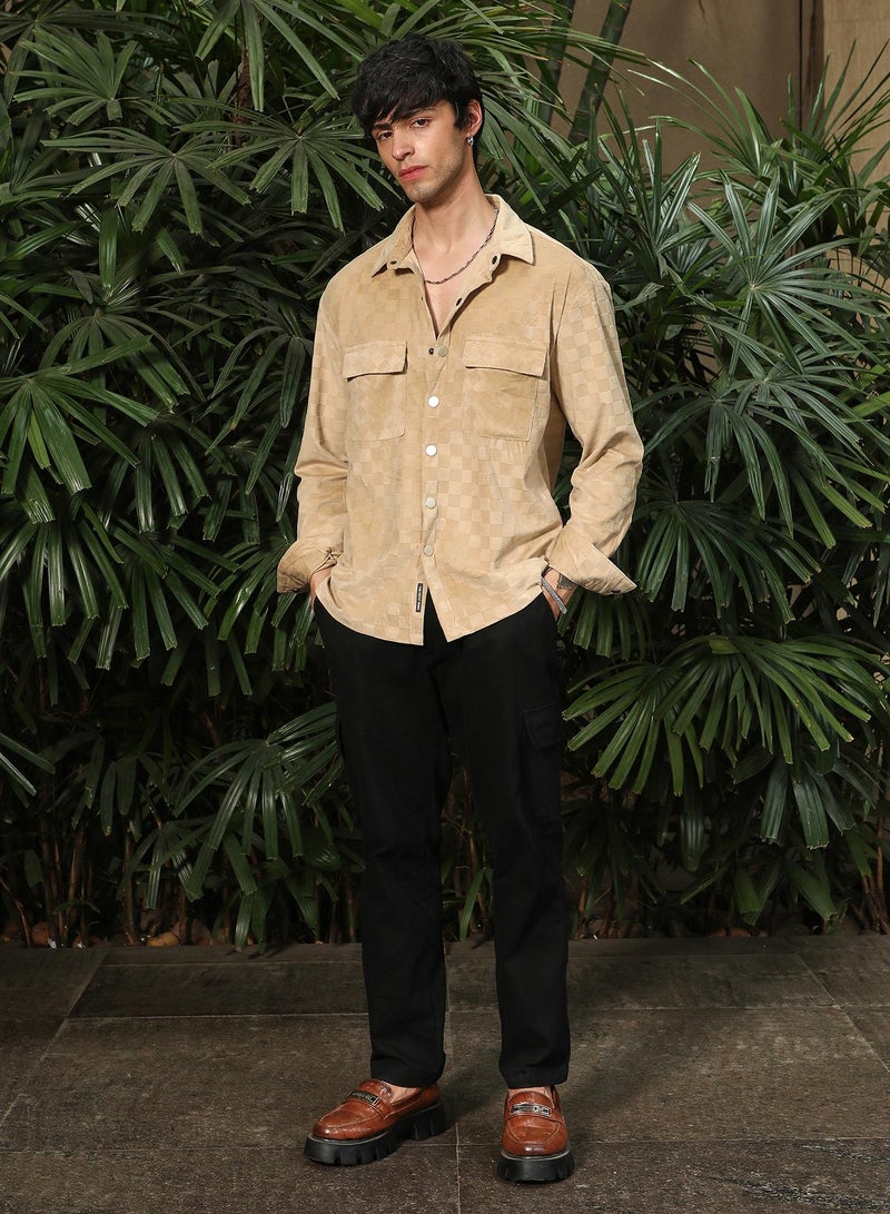 Campus Sutra Campus Sutra Men's Buff Beige Cubic Velvet Utility Shacket For Casual Wear | Spread Collar | Long Sleeve | Button Closure | Overshirt/Shacket Crafted With Comfort Fit For Everyday Wear  - Image 5