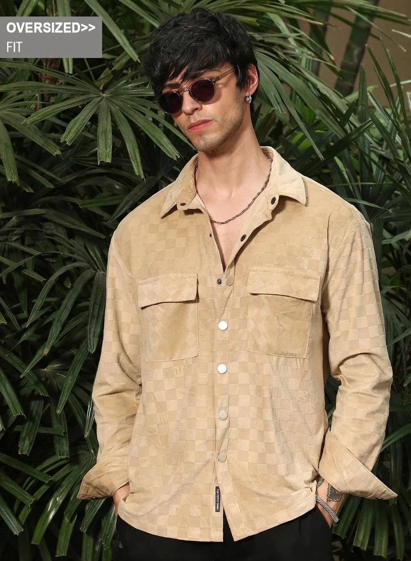 Campus Sutra Campus Sutra Men's Buff Beige Cubic Velvet Utility Shacket For Casual Wear | Spread Collar | Long Sleeve | Button Closure | Overshirt/Shacket Crafted With Comfort Fit For Everyday Wear