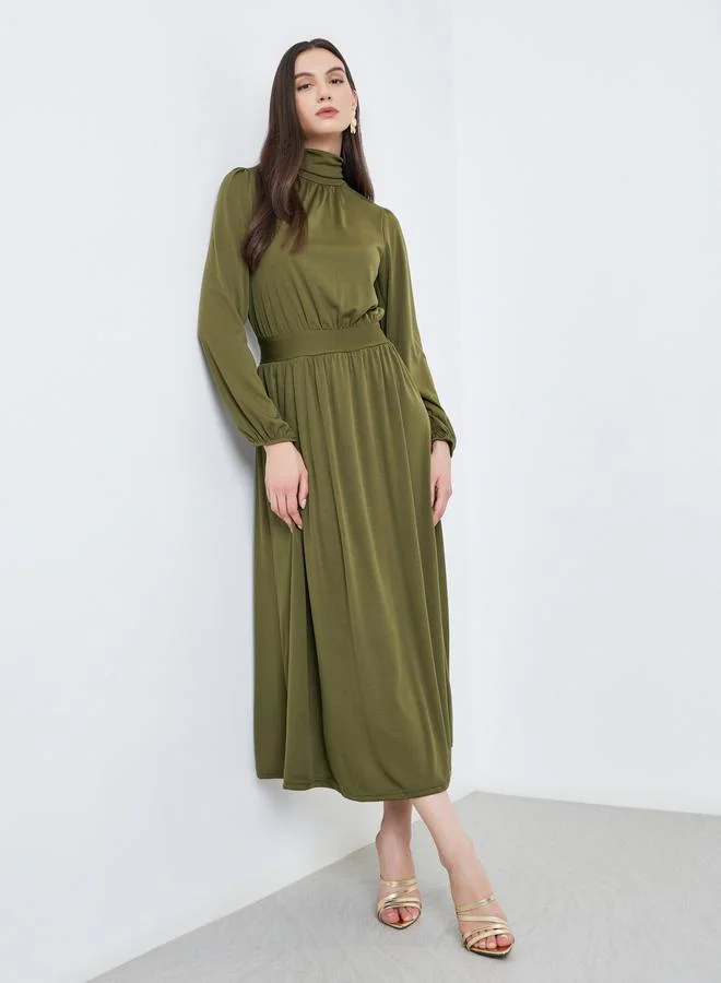 Take Two Take Two Khaki Balloon Sleeve A-Line Midi Dress