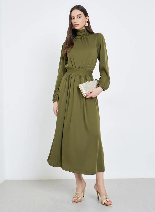 Take Two Take Two Khaki Balloon Sleeve A-Line Midi Dress