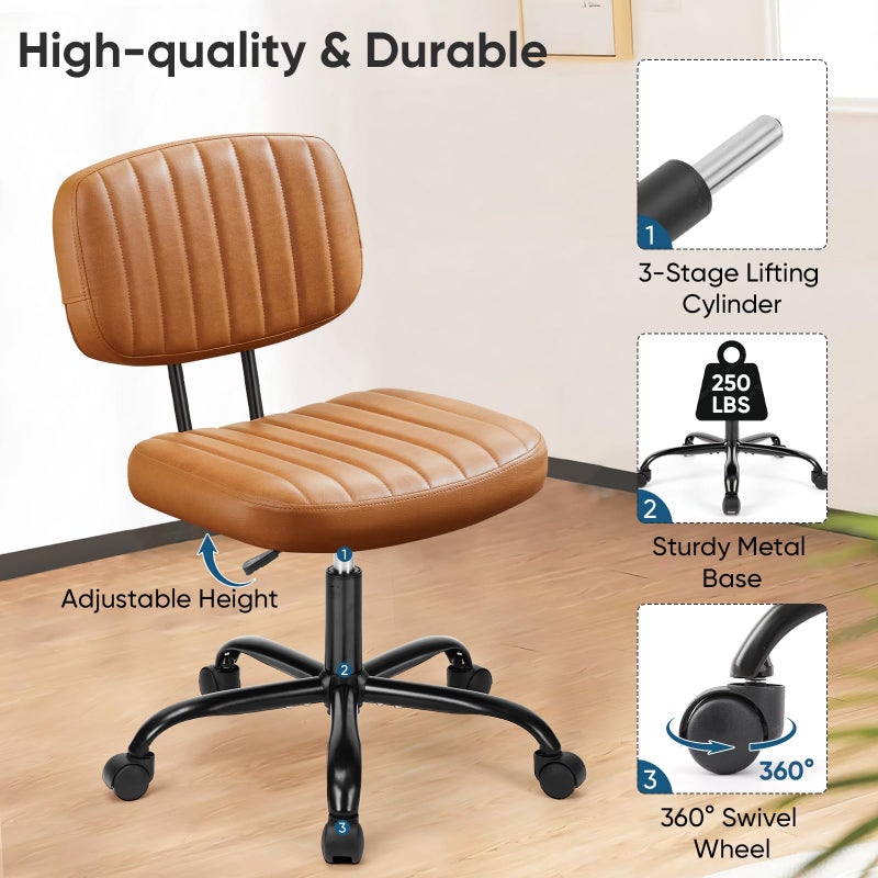 DUMOS Armless Small Home Office Desk Chair - Vanity Task Chair with Low Back, Height Adjustable PU Leather Swivel Computer Chair with 360Â° Rolling Wheels, Deep Brown - Image 2