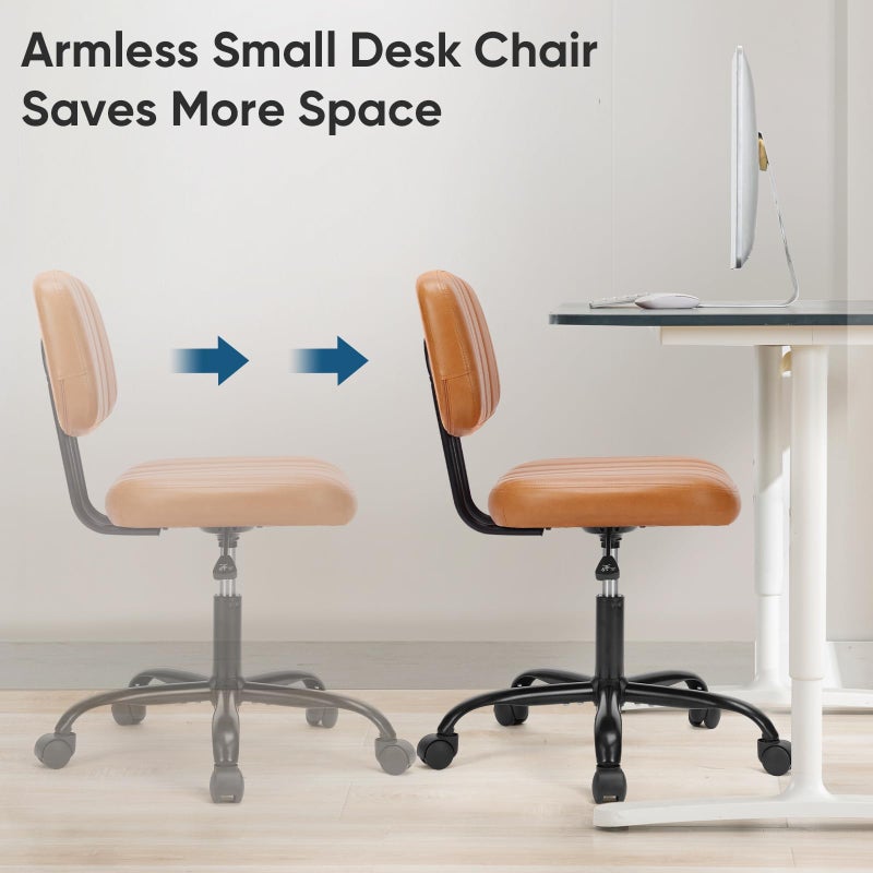 DUMOS Armless Small Home Office Desk Chair - Vanity Task Chair with Low Back, Height Adjustable PU Leather Swivel Computer Chair with 360Â° Rolling Wheels, Deep Brown - Image 3