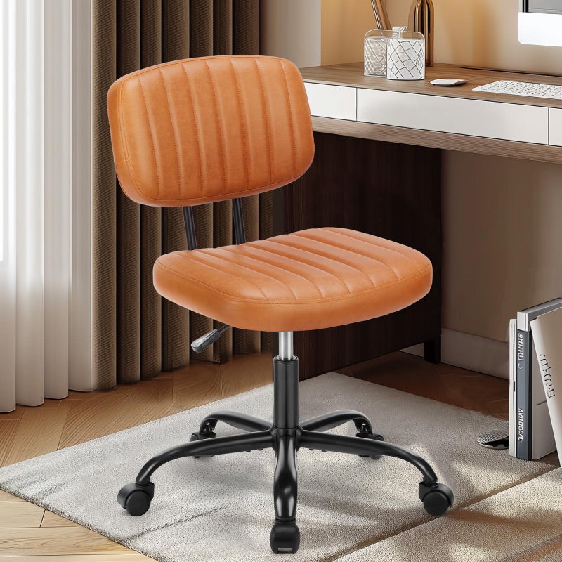 DUMOS Armless Small Home Office Desk Chair - Vanity Task Chair with Low Back, Height Adjustable PU Leather Swivel Computer Chair with 360Â° Rolling Wheels, Deep Brown - Image 1