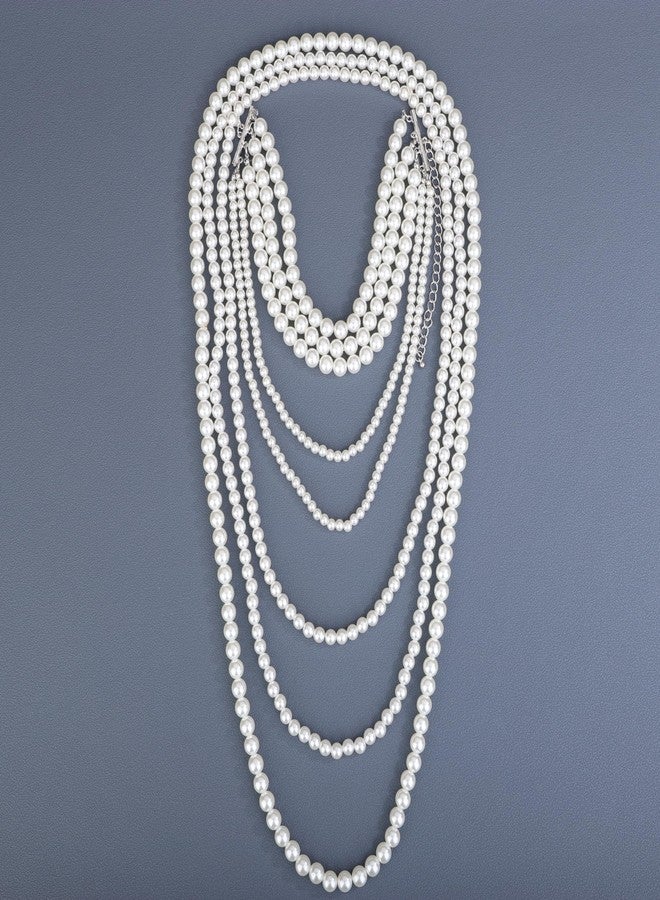 Chargances Vintage Bridal Imitation Pearls Long Necklace 1920s Multilayer Flapper Pearls Beads Choker Wedding Party Accessories for Women(White) - Image 4