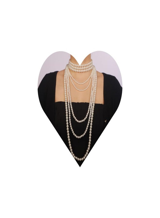 Chargances Vintage Bridal Imitation Pearls Long Necklace 1920s Multilayer Flapper Pearls Beads Choker Wedding Party Accessories for Women(White) - Image 1