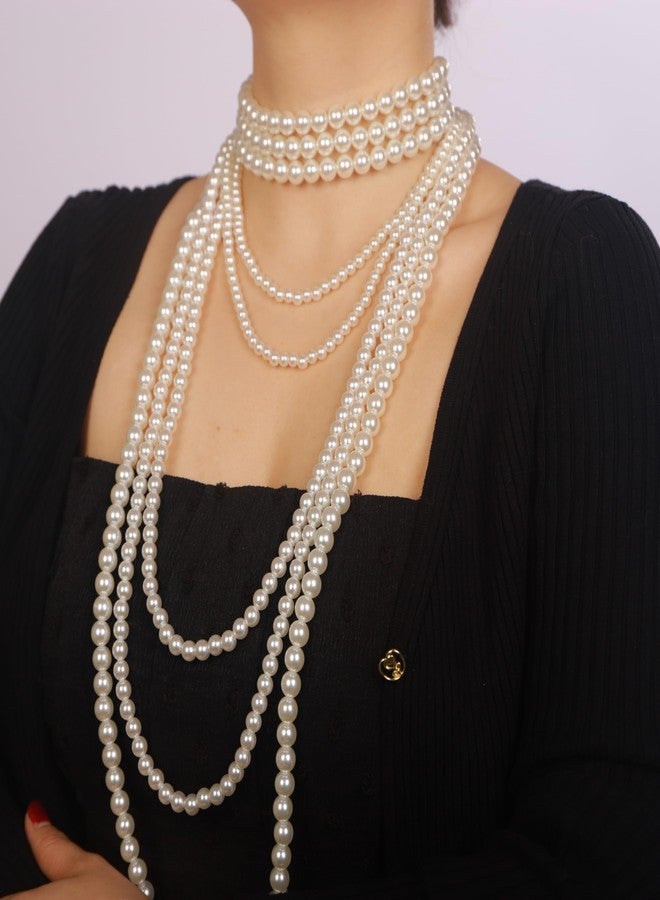 Chargances Vintage Bridal Imitation Pearls Long Necklace 1920s Multilayer Flapper Pearls Beads Choker Wedding Party Accessories for Women(White) - Image 2