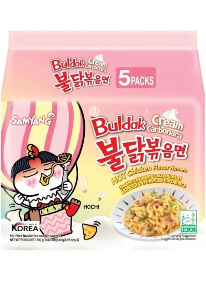 Samyang Cream Carbonara Buldak Spicy Chicken Ramen, Creamy & Spicy Korean Stir-Fried Noodles, Halal Certified, 140g x 5 Packs - Image 1