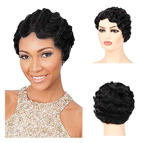 Baruisi Black Short Nuna Wigs Pixie Wigs for Women Synthetic Finger Wave Curly Hair Wig