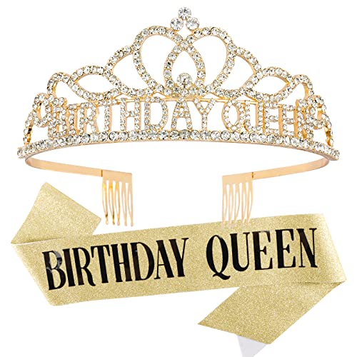 CAVETEE Gold Birthday Crowns and Sash - Queen Tiara for Party Decorations - Image 1