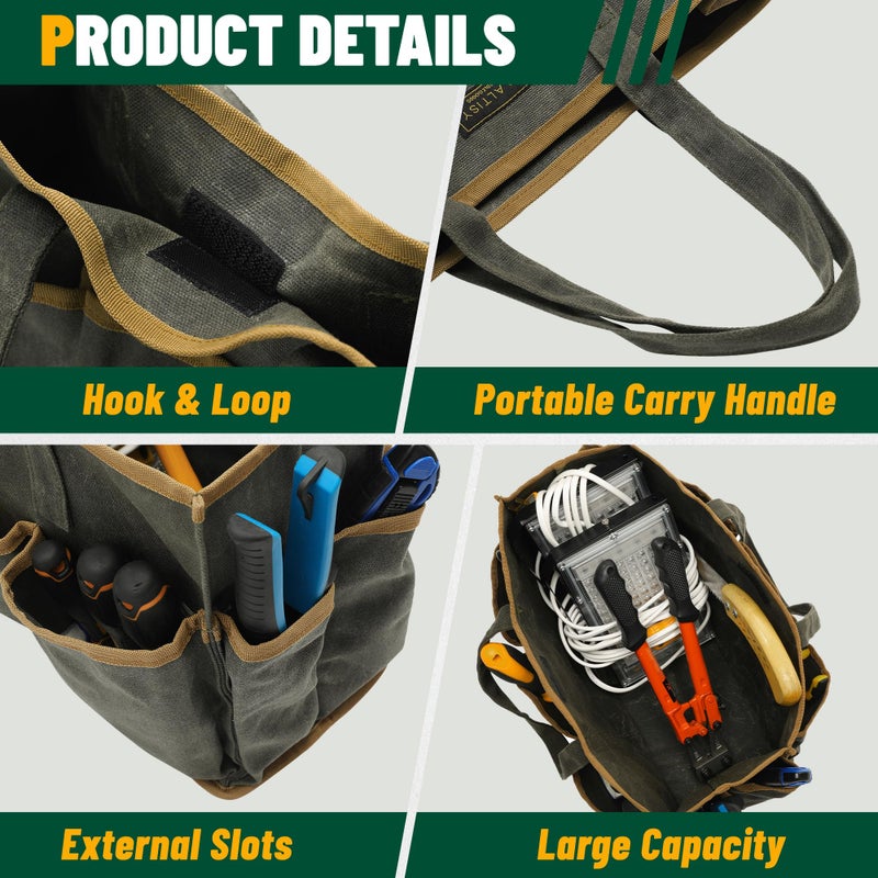 Kaaltisy Tool Tote Bag, Heavy Duty 16oz Waxed Canvas Garden Tool Bag | Portable 11-Pocket Tool Storage Bag for Gardener Electrician Contractor Repairman (14"L x 5.5"W x 10.5"H) â€“ Army Green - Image 3