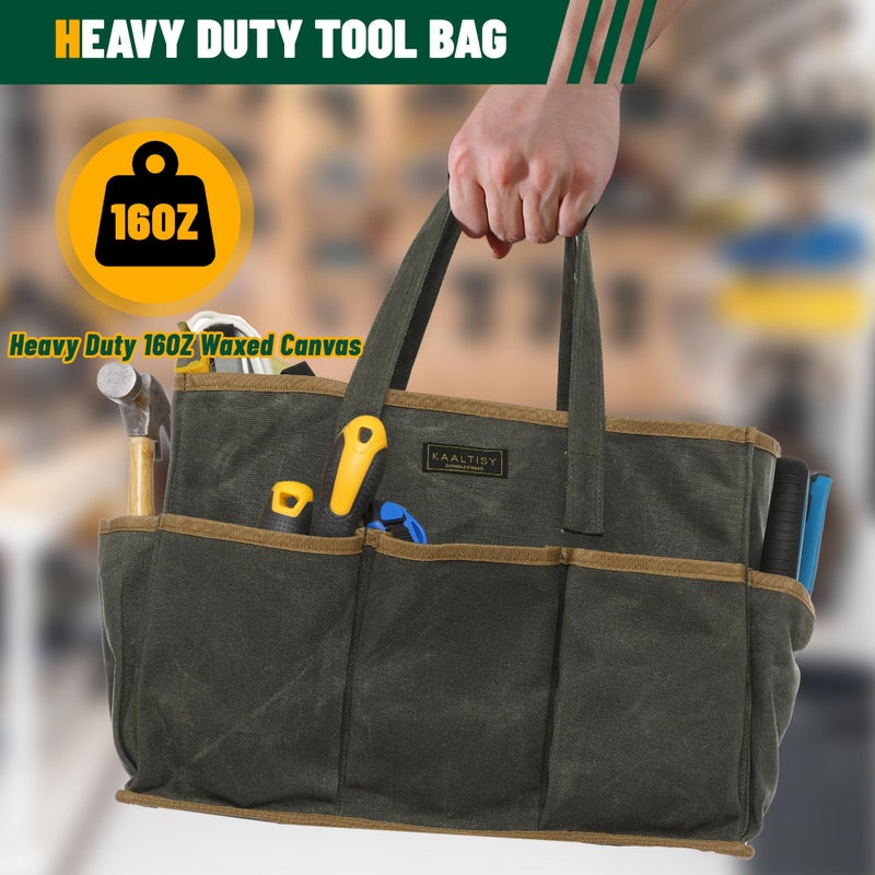 Kaaltisy Tool Tote Bag, Heavy Duty 16oz Waxed Canvas Garden Tool Bag | Portable 11-Pocket Tool Storage Bag for Gardener Electrician Contractor Repairman (14"L x 5.5"W x 10.5"H) â€“ Army Green - Image 4