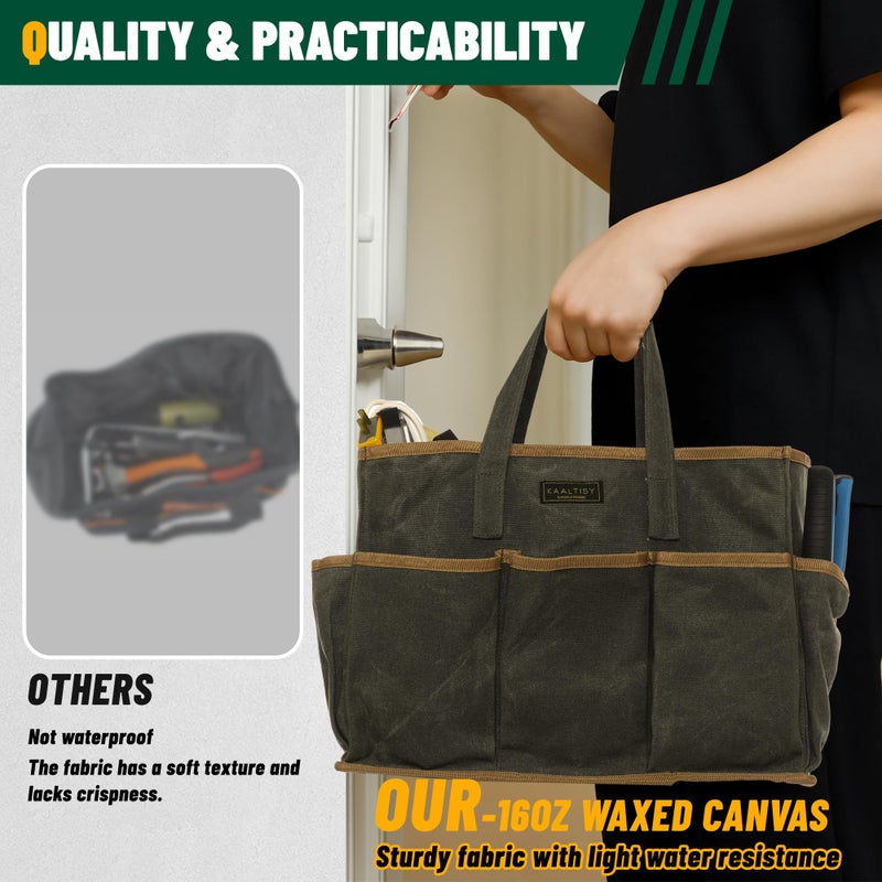 Kaaltisy Tool Tote Bag, Heavy Duty 16oz Waxed Canvas Garden Tool Bag | Portable 11-Pocket Tool Storage Bag for Gardener Electrician Contractor Repairman (14"L x 5.5"W x 10.5"H) â€“ Army Green - Image 5