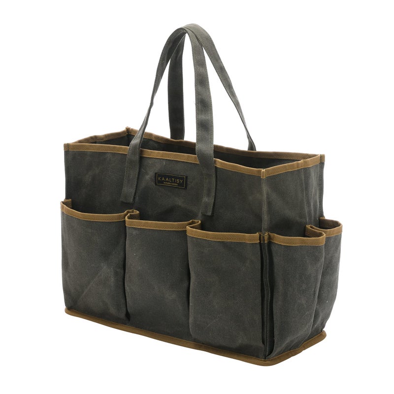Kaaltisy Tool Tote Bag, Heavy Duty 16oz Waxed Canvas Garden Tool Bag | Portable 11-Pocket Tool Storage Bag for Gardener Electrician Contractor Repairman (14"L x 5.5"W x 10.5"H) â€“ Army Green - Image 1