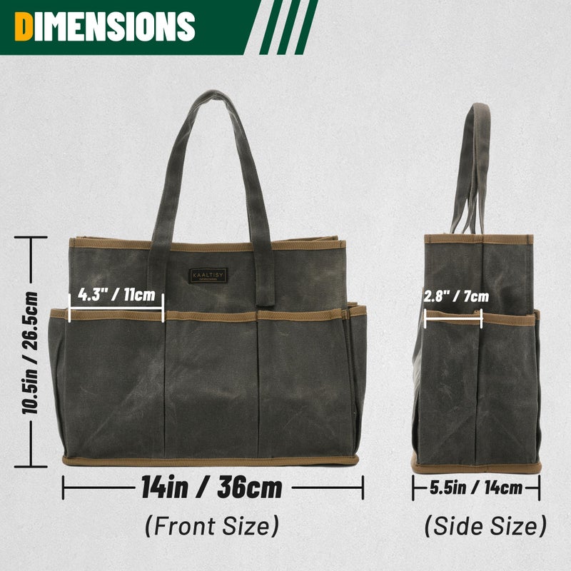 Kaaltisy Tool Tote Bag, Heavy Duty 16oz Waxed Canvas Garden Tool Bag | Portable 11-Pocket Tool Storage Bag for Gardener Electrician Contractor Repairman (14"L x 5.5"W x 10.5"H) â€“ Army Green - Image 2
