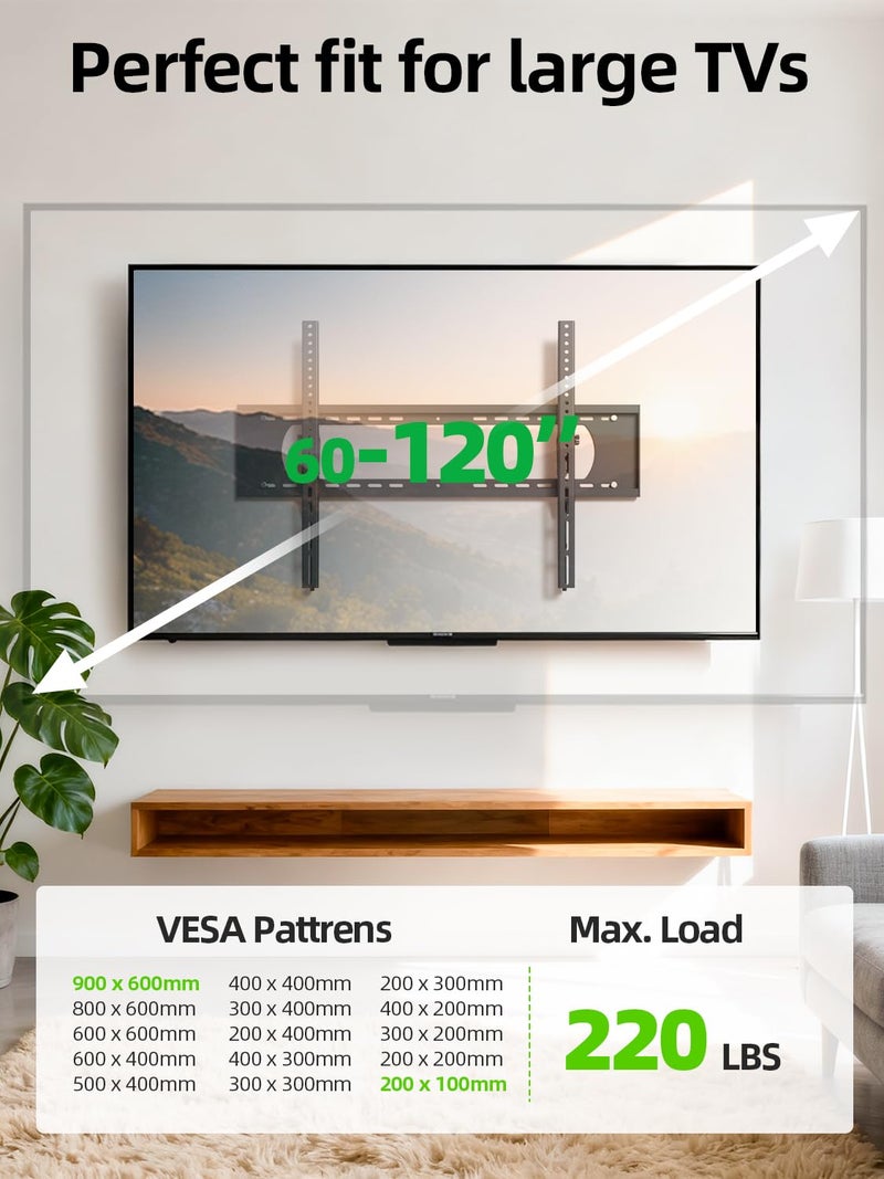 USX MOUNT Heavy Duty Tilting TV Wall Mount for 60-120" up to 220lb, Low Profile TV Mount Ultra Slim Wall Bracket fit 16-32" Studs, Max VESA 900x600 for 65 75 85 86 90 98 100 110inch Large Television - Image 2