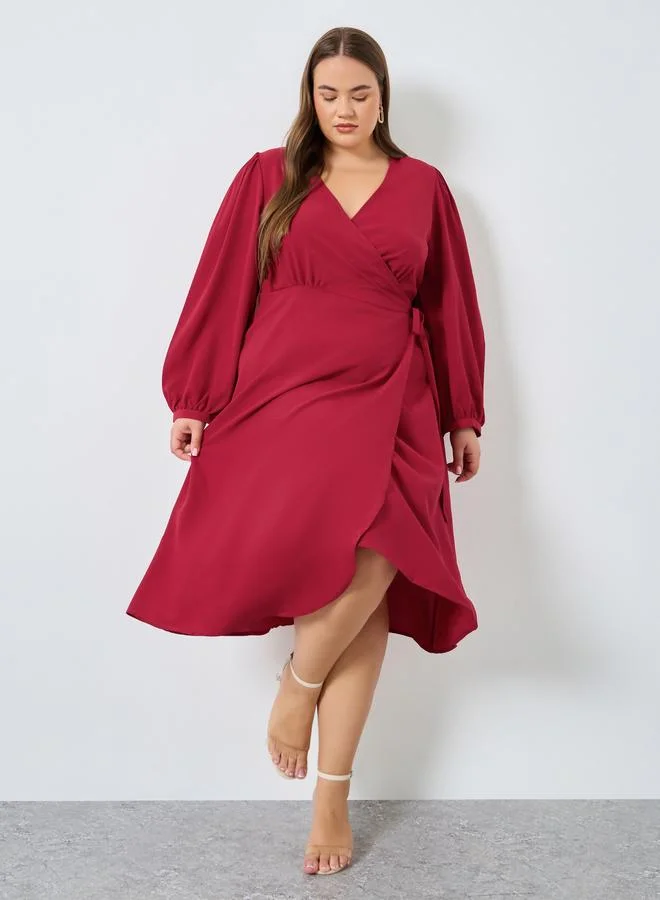 Styli Styli Plus Size Burgundy Wrap Midi Dress