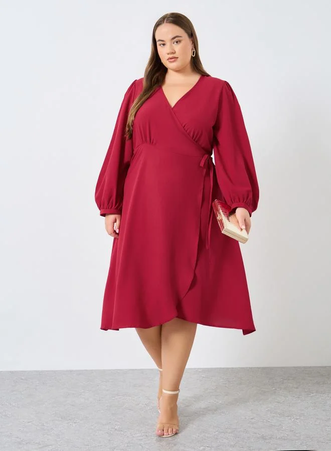 Styli Styli Plus Size Burgundy Wrap Midi Dress
