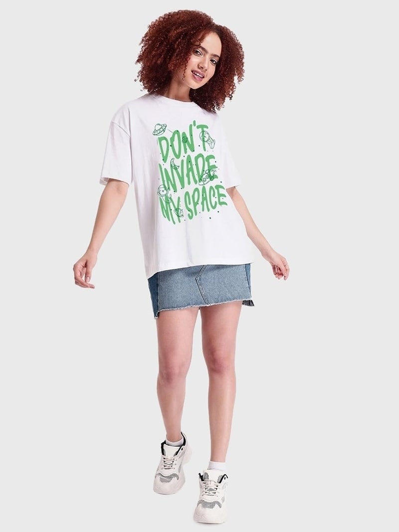 Bewakoof Women's Graphic Printed Oversized Fit Half Sleeve Round Neck Cotton T-Shirt_ 596145_White_L - Image 5