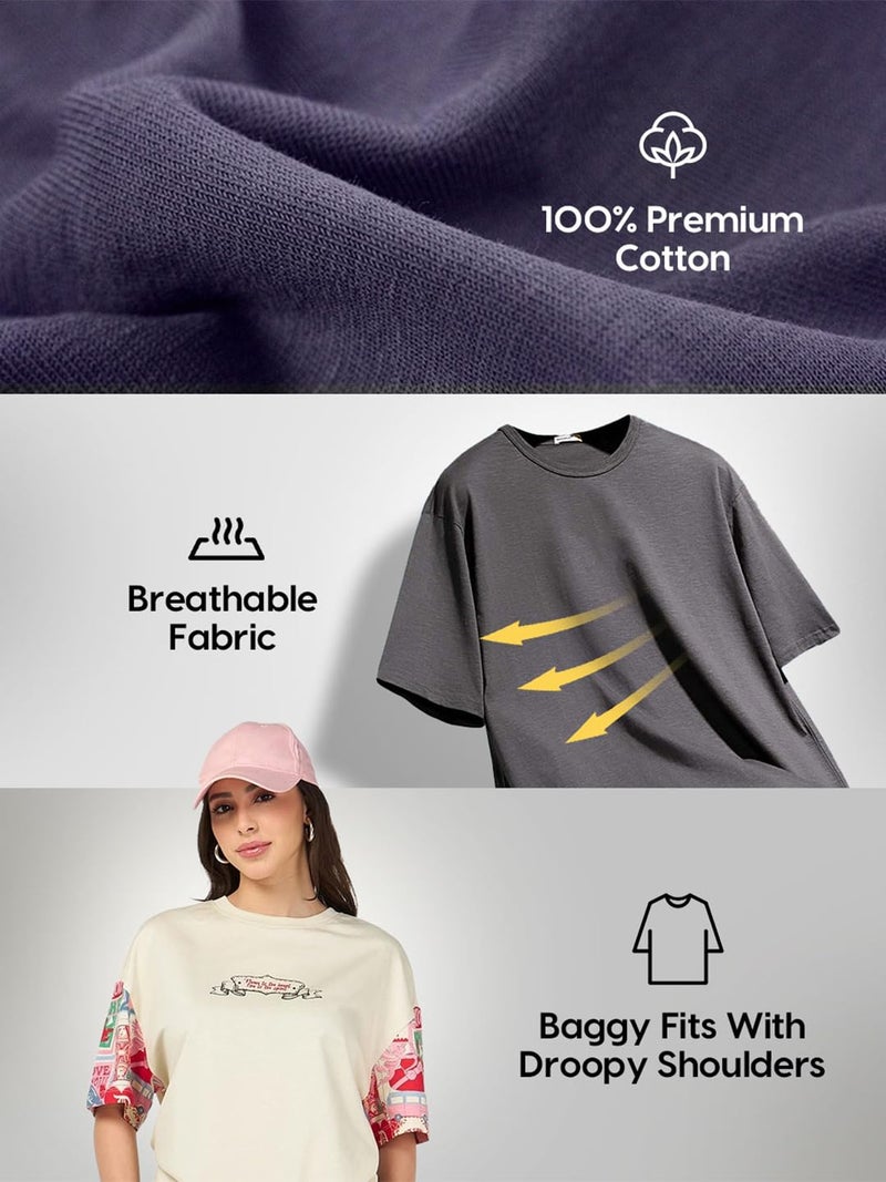 Bewakoof Women's Graphic Printed Oversized Fit Half Sleeve Round Neck Cotton T-Shirt_ 596145_White_L - Image 2