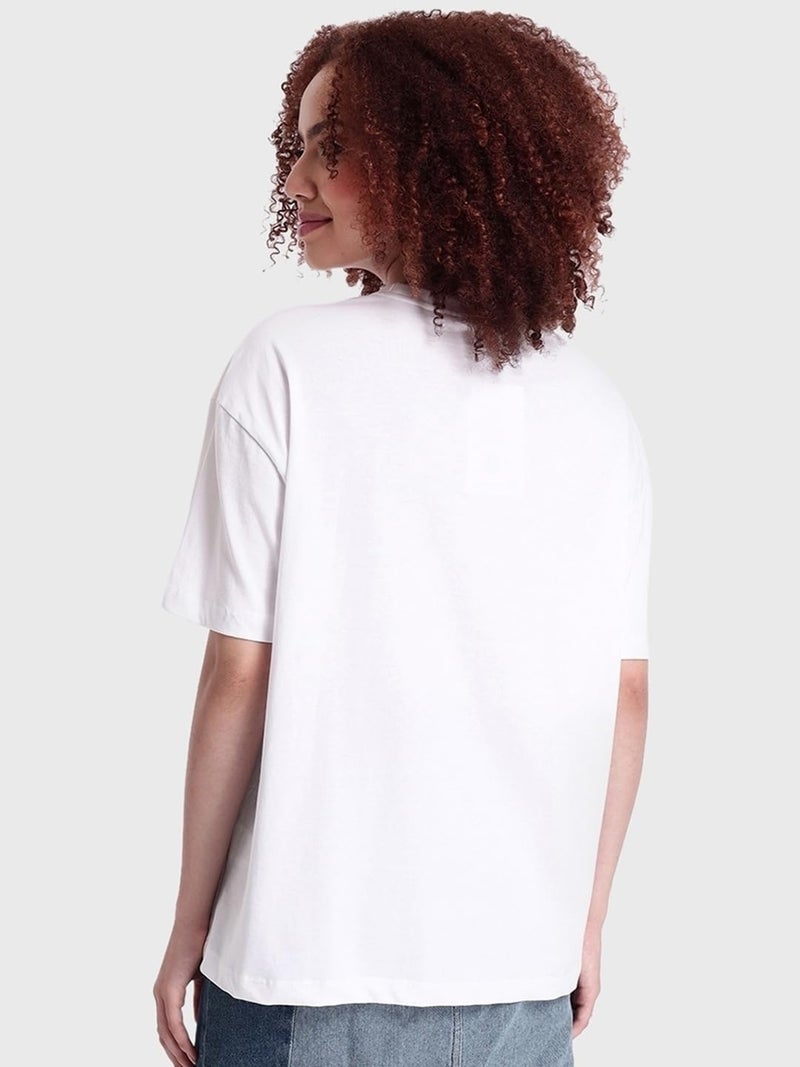 Bewakoof Women's Graphic Printed Oversized Fit Half Sleeve Round Neck Cotton T-Shirt_ 596145_White_L - Image 4
