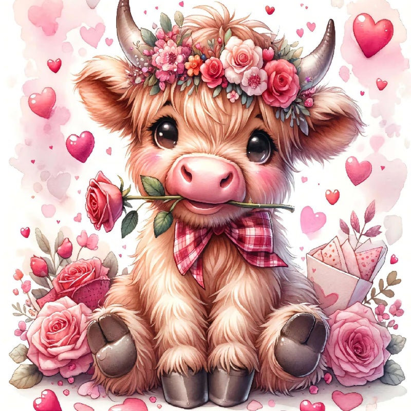 Fotasmua Valentine's Day Diamond Painting Kits for Adults, Highland Cow Diamond Art Kits for Adults Beginners, DIY 5D Cow Full Round Drill Diamond Dots Gem Arts Kits for Home Wall Decor 14 x 14 Inch - Image 1