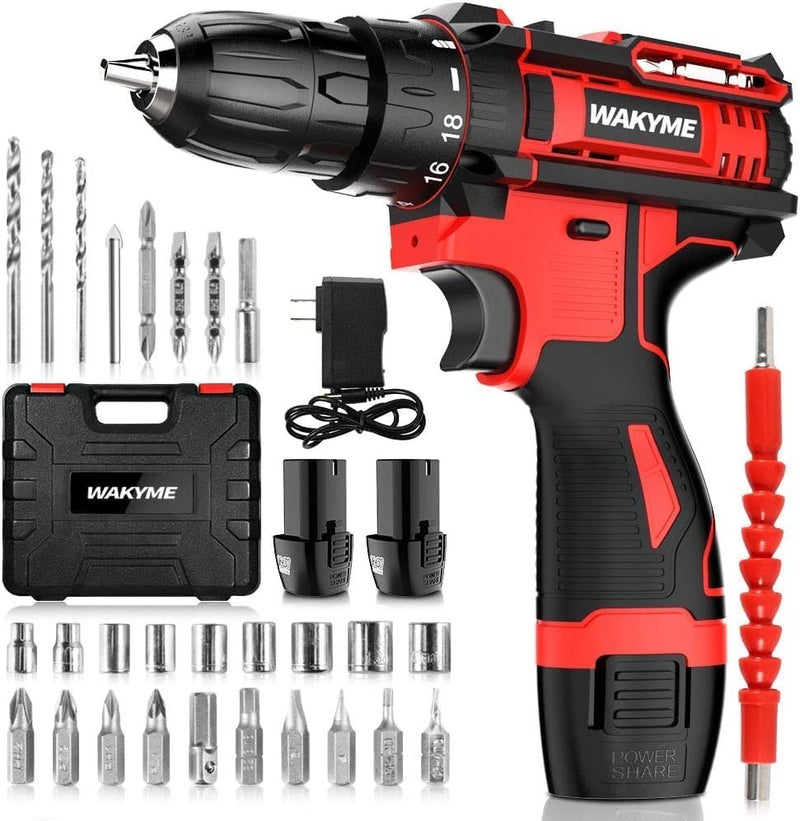 WAKYME Cordless Drill Driver Kit with 2 Batteries, 12.6V Power Drill 30Nm 18+3 Clutch, 3/8" Keyless Chuck, Variable Speed & Built-in LED Electric Screw Driver for Drilling Wall, Bricks, Wood, Metal - Image 1