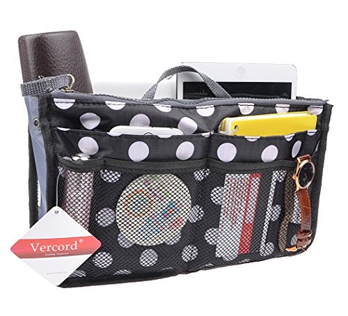 Vercord Purse Organizer Insert for Handbags Bag Organizers Inside Tote Pocketbook Women Nurse Nylon 13 Pockets Black Dot Small - Image 2