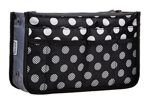 Vercord Purse Organizer Insert for Handbags Bag Organizers Inside Tote Pocketbook Women Nurse Nylon 13 Pockets Black Dot Small - Image 1