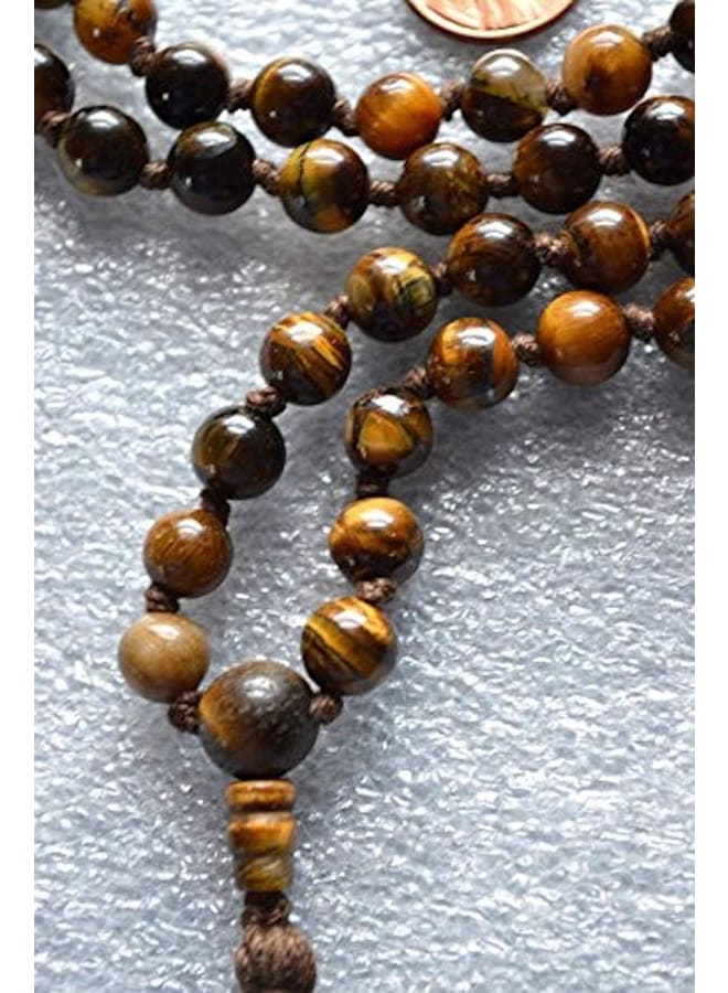 Hand Knotted Tiger's Eye Tigereye Tiger Eye mala Beads Necklace 108+1 Buddhist Prayer Beads Energized AAA Grade Meditation Beads - w/Velvet or 100% Jute Pouch (Brown, Bead Size 6 mm)  - Image 1