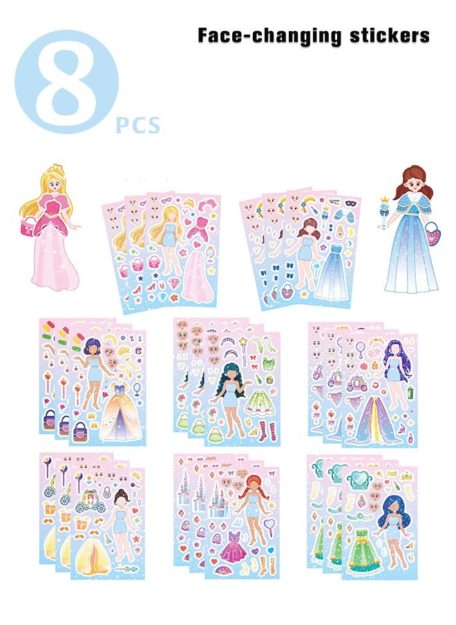 Lemon 8 Sheets Face-changing stickers, fairy tale princess cute and colorful, hand-written material stickers cartoon girl puzzle stickers, can be pasted repeatedly for Kids Party Favors,Classroom Rewards  - Image 1
