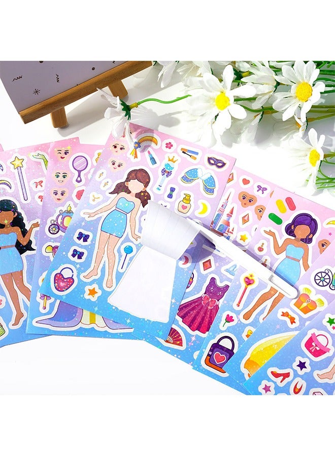 8 Sheets Face-changing stickers, fairy tale princess cute and colorful, hand-written material stickers cartoon girl puzzle stickers, can be pasted repeatedly for Kids Party Favors,Classroom Rewards