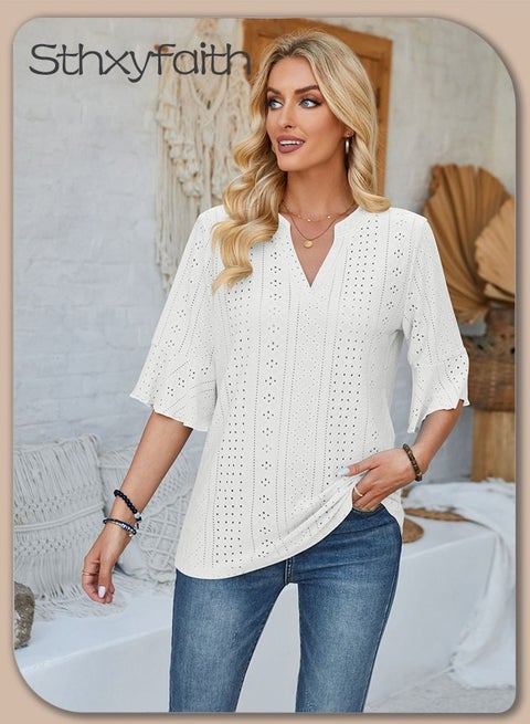 Women's Summer Elegant T-shirt V-neck Ruffle Short Sleeve Top Casual Solid Color Chiffon Cool Shirt for Daily Wear ﻿