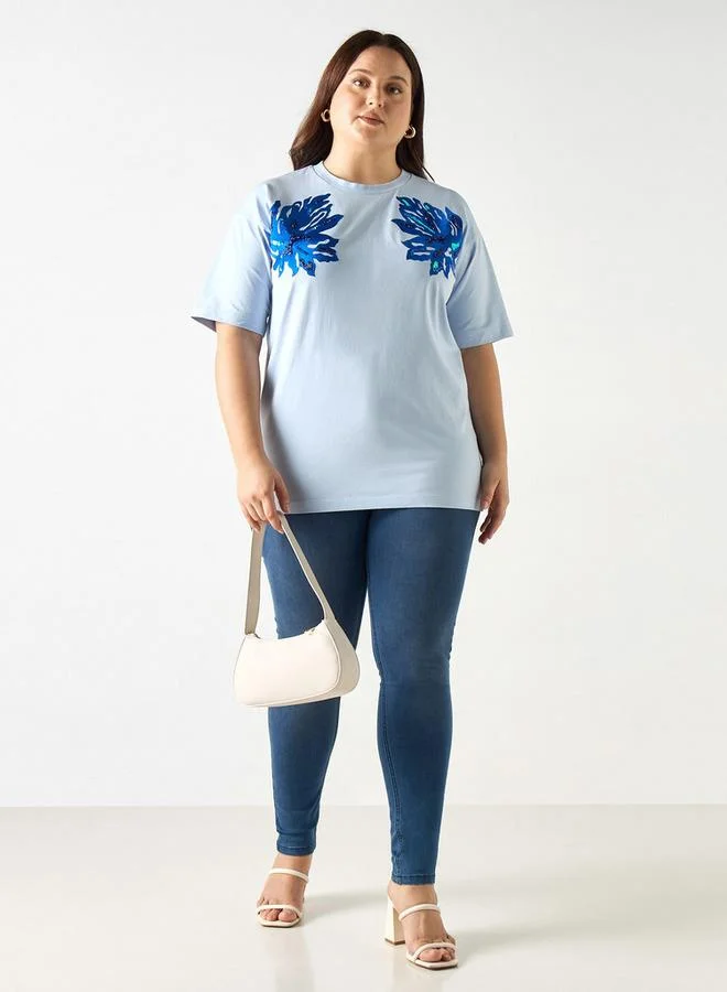 Ulla Popken Plus Size Ulla Popken Embroidered T-shirt with Short Sleeves