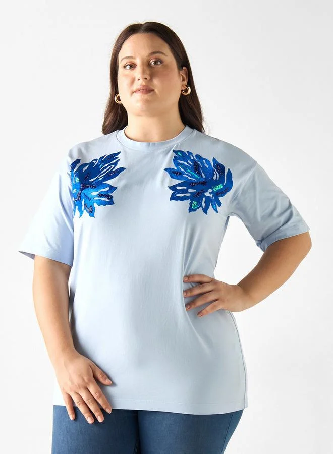 Ulla Popken Plus Size Ulla Popken Embroidered T-shirt with Short Sleeves