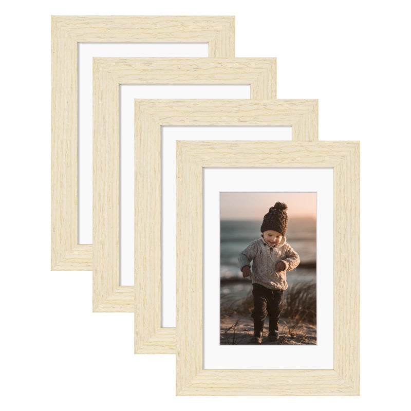 KINLINK 4x6 Picture Frames Natural Wood Frames with Acrylic Plexiglass for Pictures 3.5x5 with Mat or 4x6 without Mat  Tabletop and Wall Mounting Display  Set of 4