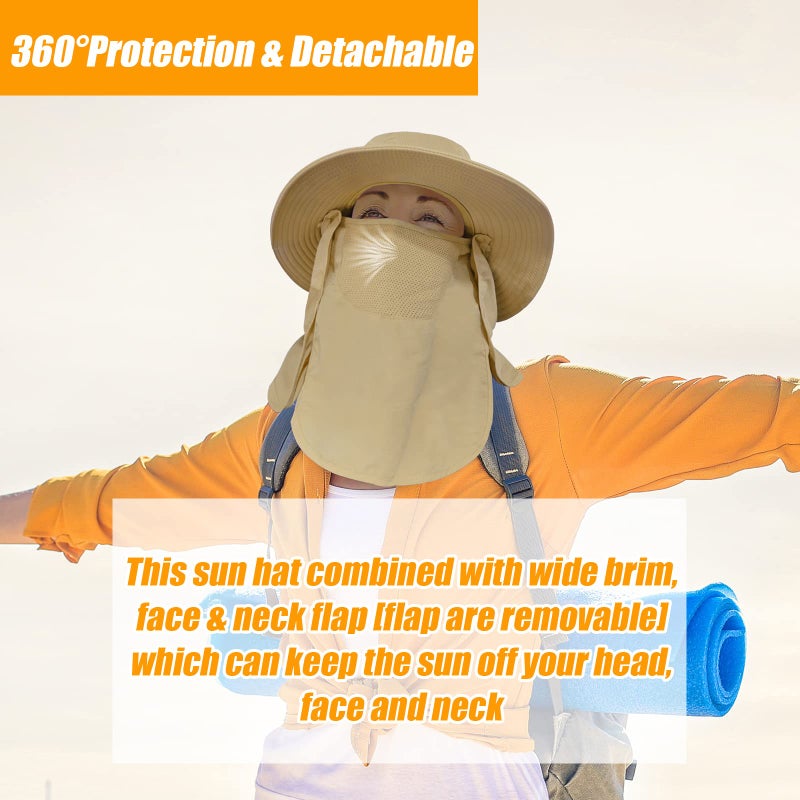 Outrip Fishing Hat for Men & Women, Outdoor UV Sun Protection Wide Brim Hat with Face Cover & Neck Flap Khaki - Image 4