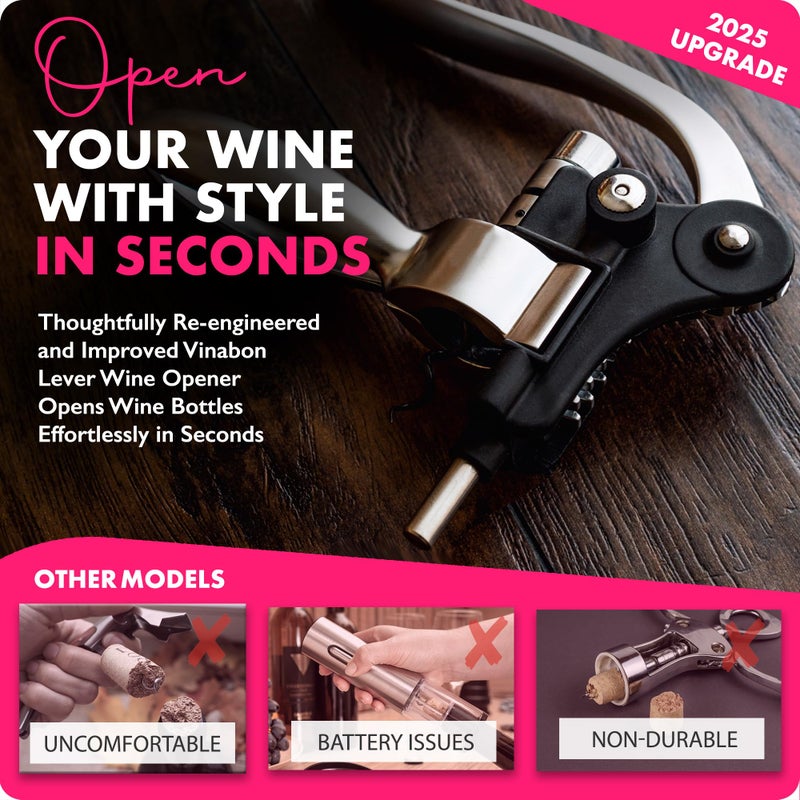 VINABON VINABON Wine Opener Set - Premium 2025 All-in-One Wine Bottle Opener Set with Wine Aerator, Foil Cutter, Stopper, Stand - Manual Lever Corkscrews Wine Opener for Wine Bottles with WineGuide eBook  - Image 3