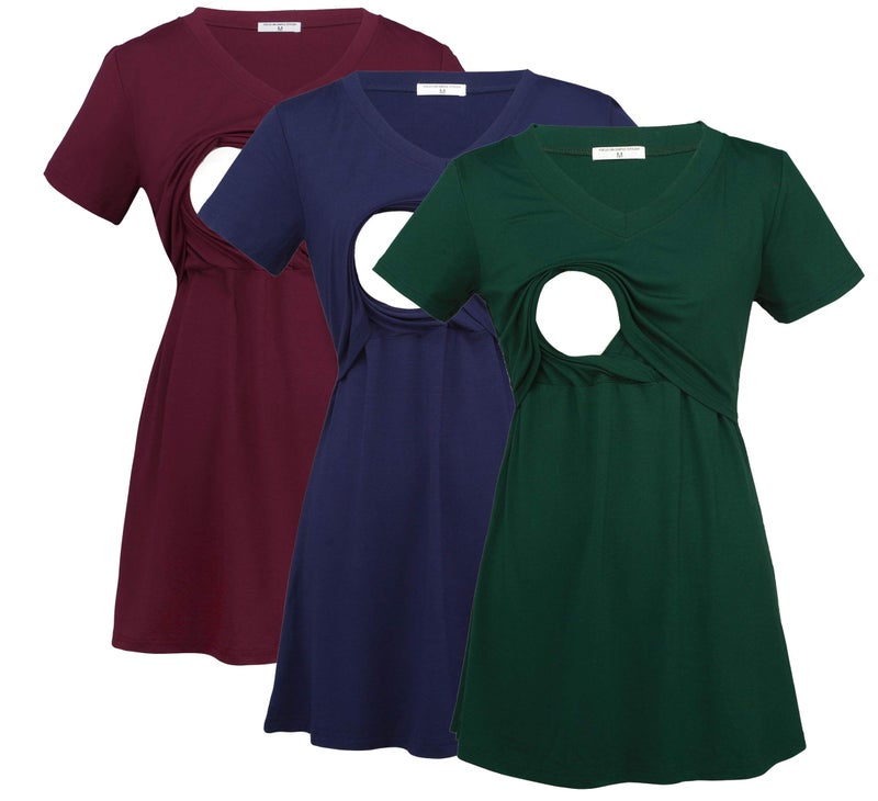 Bearsland Womens 3 Packs V Neck Nursing Tops Maternity Breastfeeding Tee Shirts,red+Blue+Green,M - Image 1