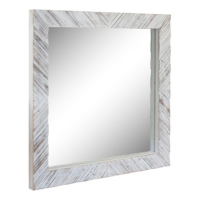 BROWN 20 X 20 SQUARE TEXTURED WORN WHITE WOODEN CHEVRON HANGING WALL MIRROR WITH ATTACHED MOUNTING BRACKETS DECORATIVE DECOR FOR THE LIVING ROOM BEDROOM BATHROOM HALLWAY AND ENTRYWAY
