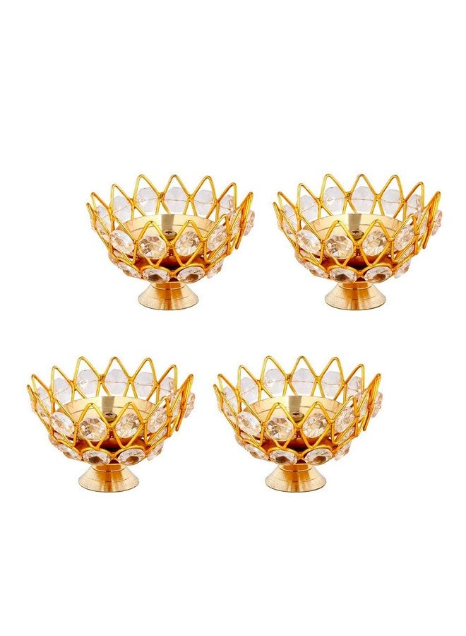 Collectible India Diwali Diya Crystal Round Akhand Diya for Puja Brass Small Kamal Deep Jyoti Oil Lamp for Home Temple Pooja Decor Gifts Pack of 4 - Image 2