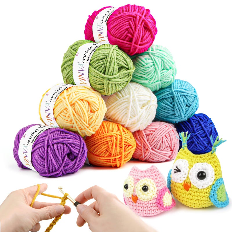 YINVA Crochet Yarn Set Acrylic Yarn Knitting Wool 10 Colors x 25g Each for Beginners Adults MultiColor