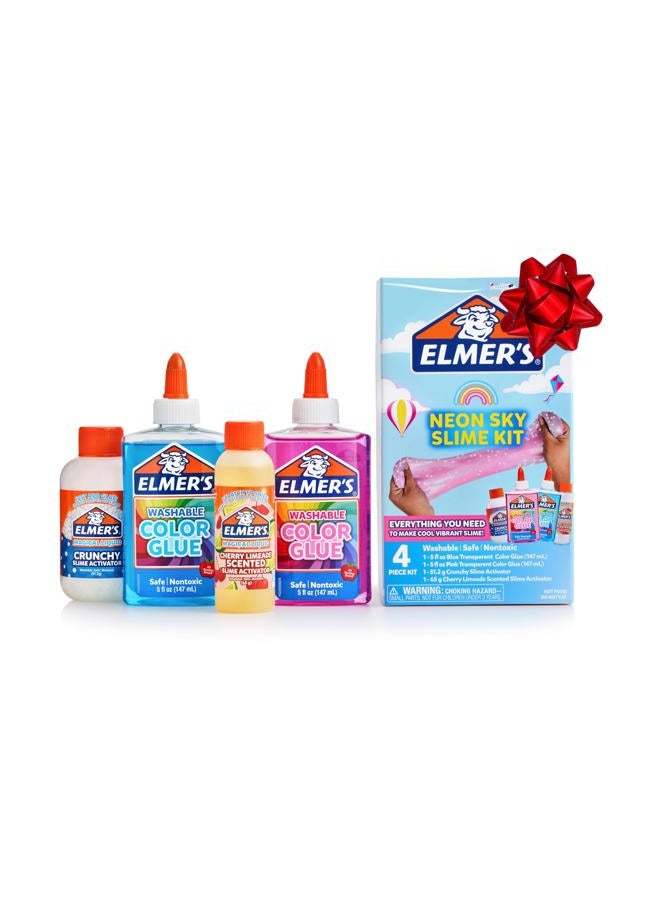 ELMER'S طقم سلايم نيون سكاي، يتضمن غراء سائل شفاف، منشطات مقرمشة ومعطرة بنكهة الكرز والليمون، طقم مكون من 4 قطع - مثالي لحفلات عيد الميلاد، فكرة هدية، نشاط للأطفال - Image 1