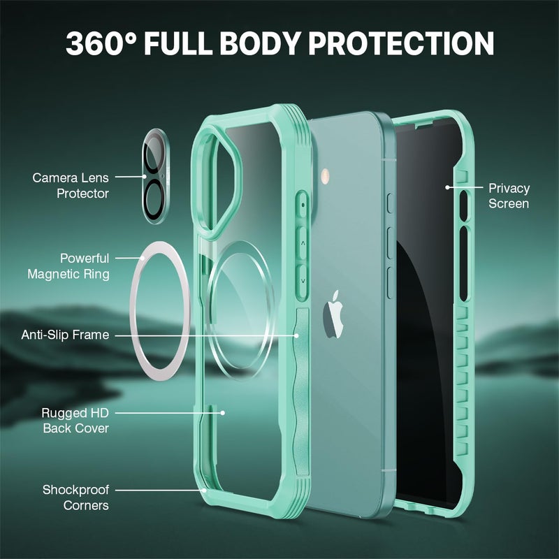 CENHUFO Magnetic Privacy for iPhone 16 Plus Case [Compatible with Magsafe] Full Body Phone Case Built-in 9H Tempered Glass Privacy Screen Protector and Camera Lens Cover, Shockproof Bumper - Green - Image 3