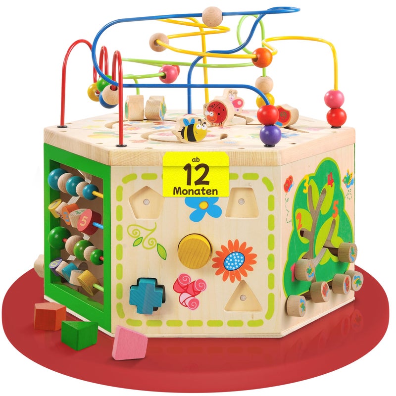 EverEarth مكعب نشاط حديقة إيفر إيرث - لعبة خشبية لتصنيف الأشكال والألوان، متاهة خرز، عدّ للأطفال