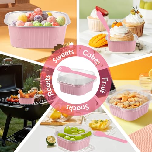 CXIIPOL 20 Pack 10oz Mini Cake Pans with Lids, 4.4x4.4 Inch Aluminum Foil Square Baking Cups with Spoons, Disposable Large Baking Cake Cup Containers with Lids for Party, Wedding, Birthdays, Pink - Image 5