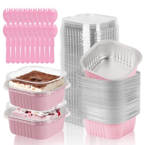 CXIIPOL 20 Pack 10oz Mini Cake Pans with Lids, 4.4x4.4 Inch Aluminum Foil Square Baking Cups with Spoons, Disposable Large Baking Cake Cup Containers with Lids for Party, Wedding, Birthdays, Pink - Image 1