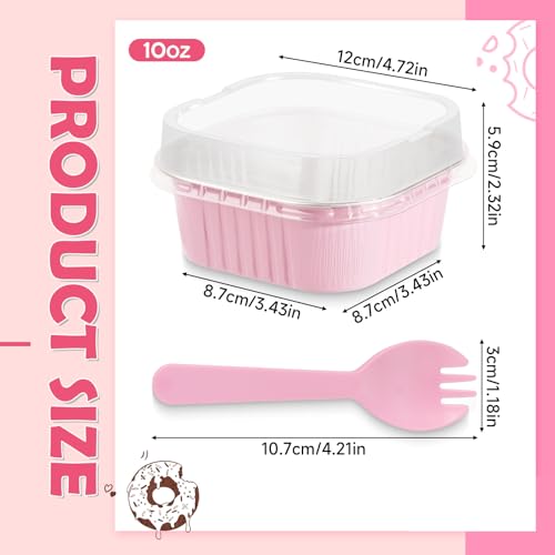CXIIPOL 20 Pack 10oz Mini Cake Pans with Lids, 4.4x4.4 Inch Aluminum Foil Square Baking Cups with Spoons, Disposable Large Baking Cake Cup Containers with Lids for Party, Wedding, Birthdays, Pink - Image 2