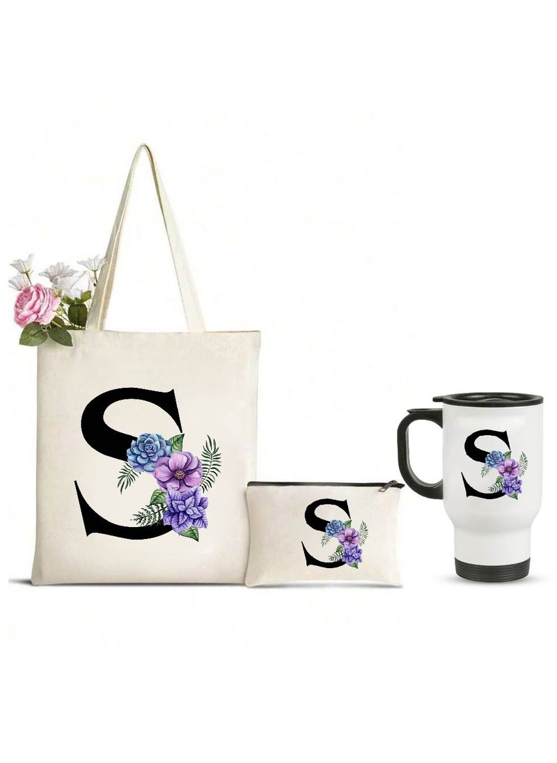 PRINTSHOP4ME Initial Letters Canvas Cotton Tote Bag, Cosmetic Pouch, and Stainless Steel Travel Mug - A Stylish Pack of 3 Combo Set for Girls - Gift for wedding - Gifts for girls - Gift for friends  - Image 1