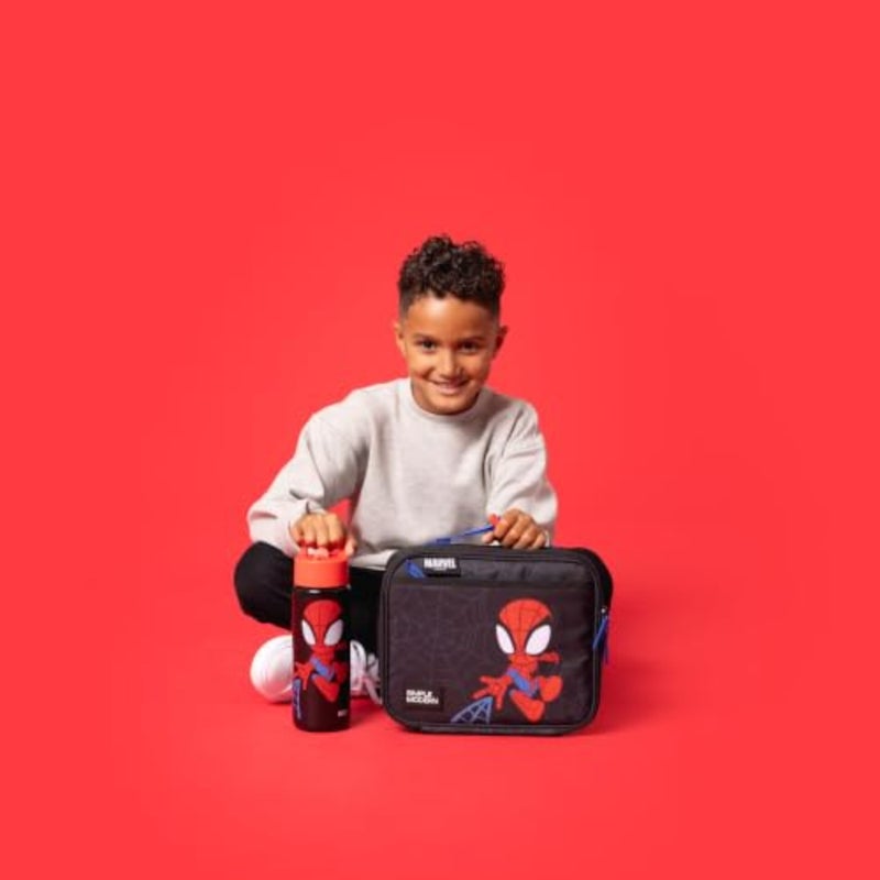 lunch box for toddler: insulated reusable Spider-Man themed bag with exterior and interior pockets, blue-red color, lightweight durable polyester, fits bento boxes and meal containers - Image 4
